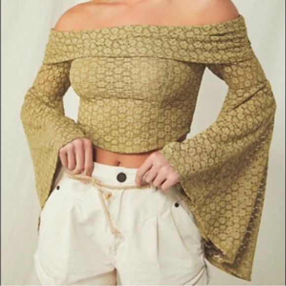 Free People Tops - Free People Lola Lace Top Bell Sleeves in Gold Dust, Size XS